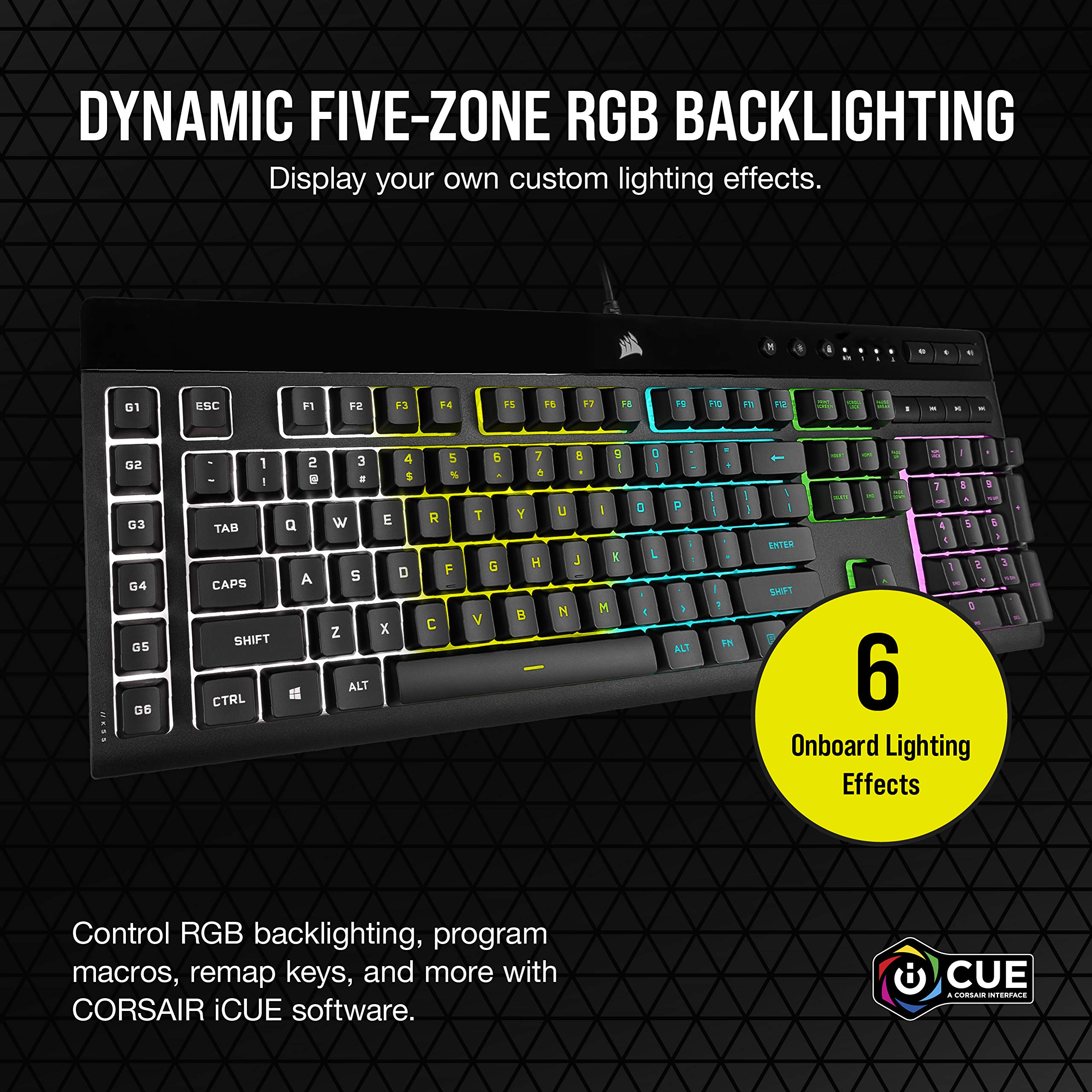 Corsair K55 RGB PRO Wired Gaming Keyboard Membrane � IP42 Anti-Dust and Overflow � 6 Macro Keys with Elgato Integration � Compatible with iCUE � QWERTY NA � PC, Mac, Xbox � Black