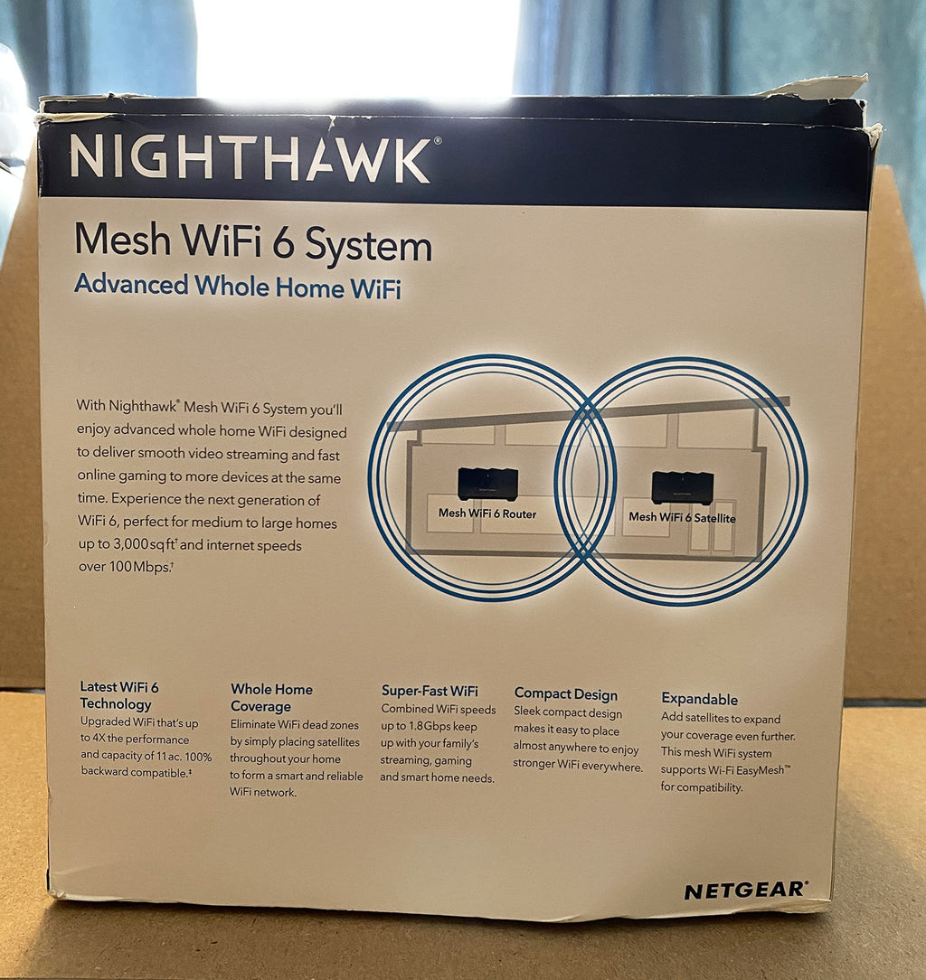 Ubcwin NETGEAR Nighthawk 全家用网眼 WiFi 6 系统 (MK62) - AX1800 路由器带1个卫星扩展器，覆盖范围高达3000平方英尺和25+设备，MK62-100NAS