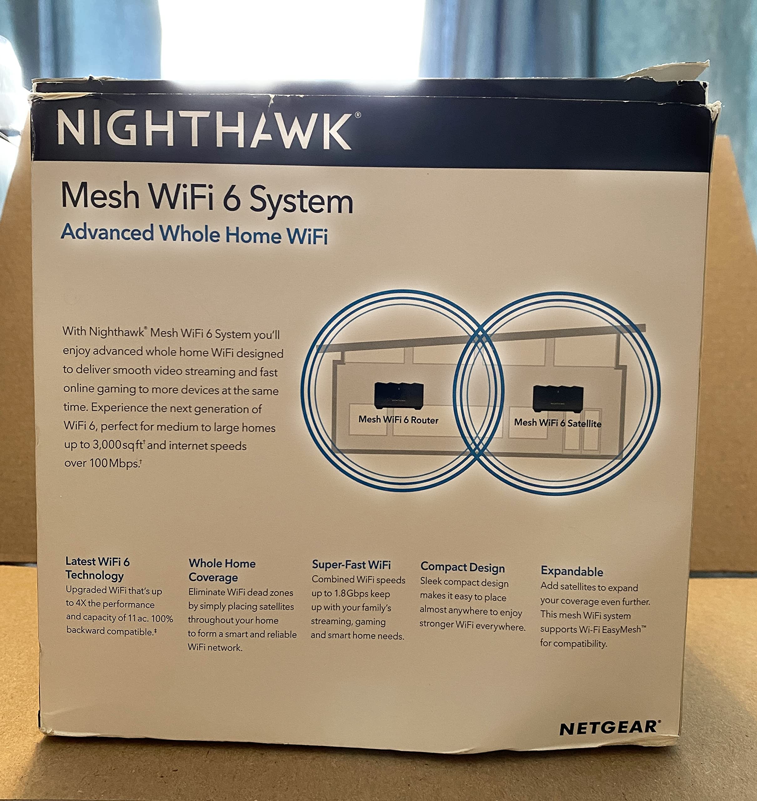 Ubcwin NETGEAR Nighthawk 全家用网眼 WiFi 6 系统 (MK62) - AX1800 路由器带1个卫星扩展器，覆盖范围高达3000平方英尺和25+设备，MK62-100NAS