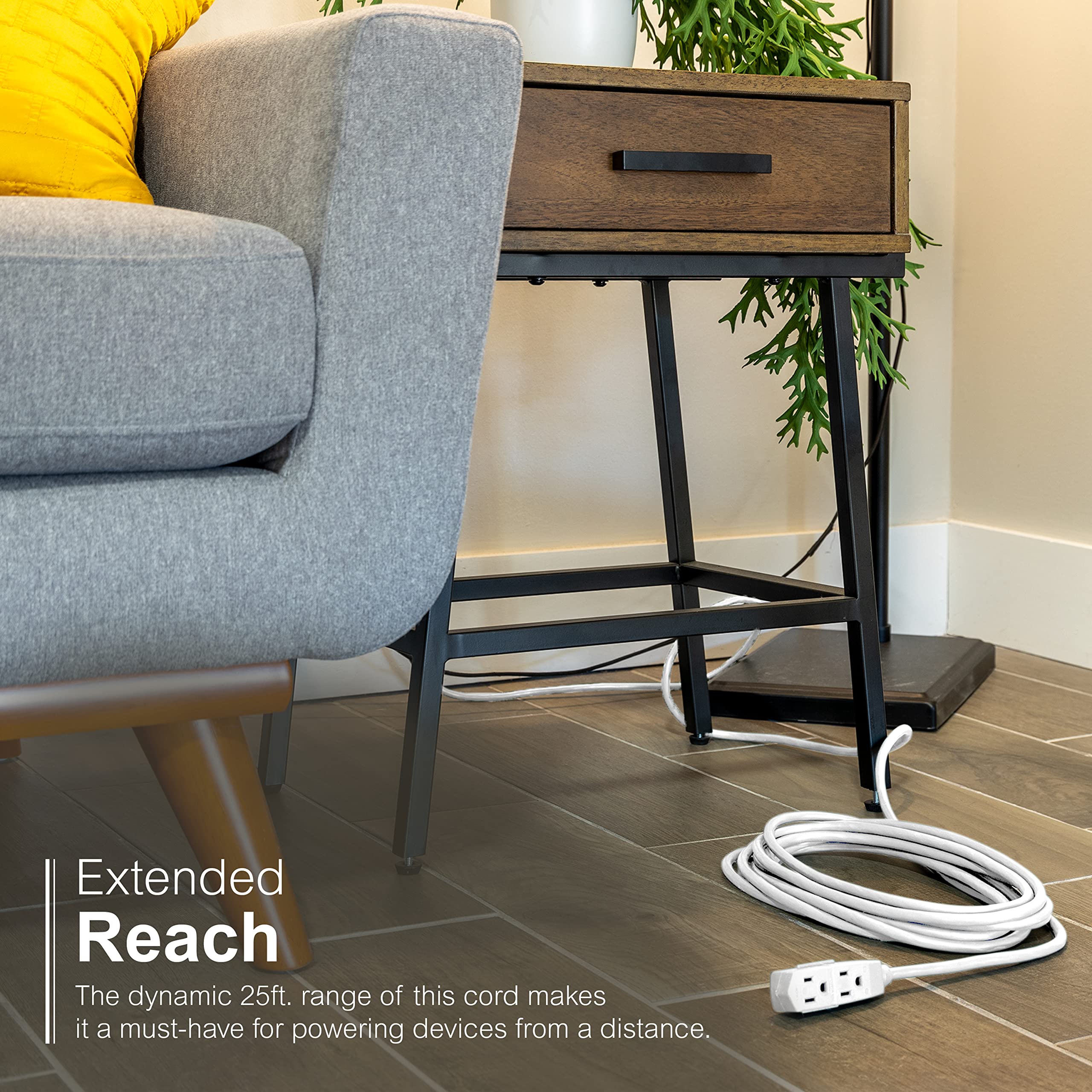 GE 3-Outlet Flat Extеnsion Cord 25 Ft Grounded Extension Cord with Multiple Outlеts 3 Prong Outlet Extender Flat Plug Power Strip Indoor Extensiоn Ϲord 16 Gauge UL Listed White 69920
