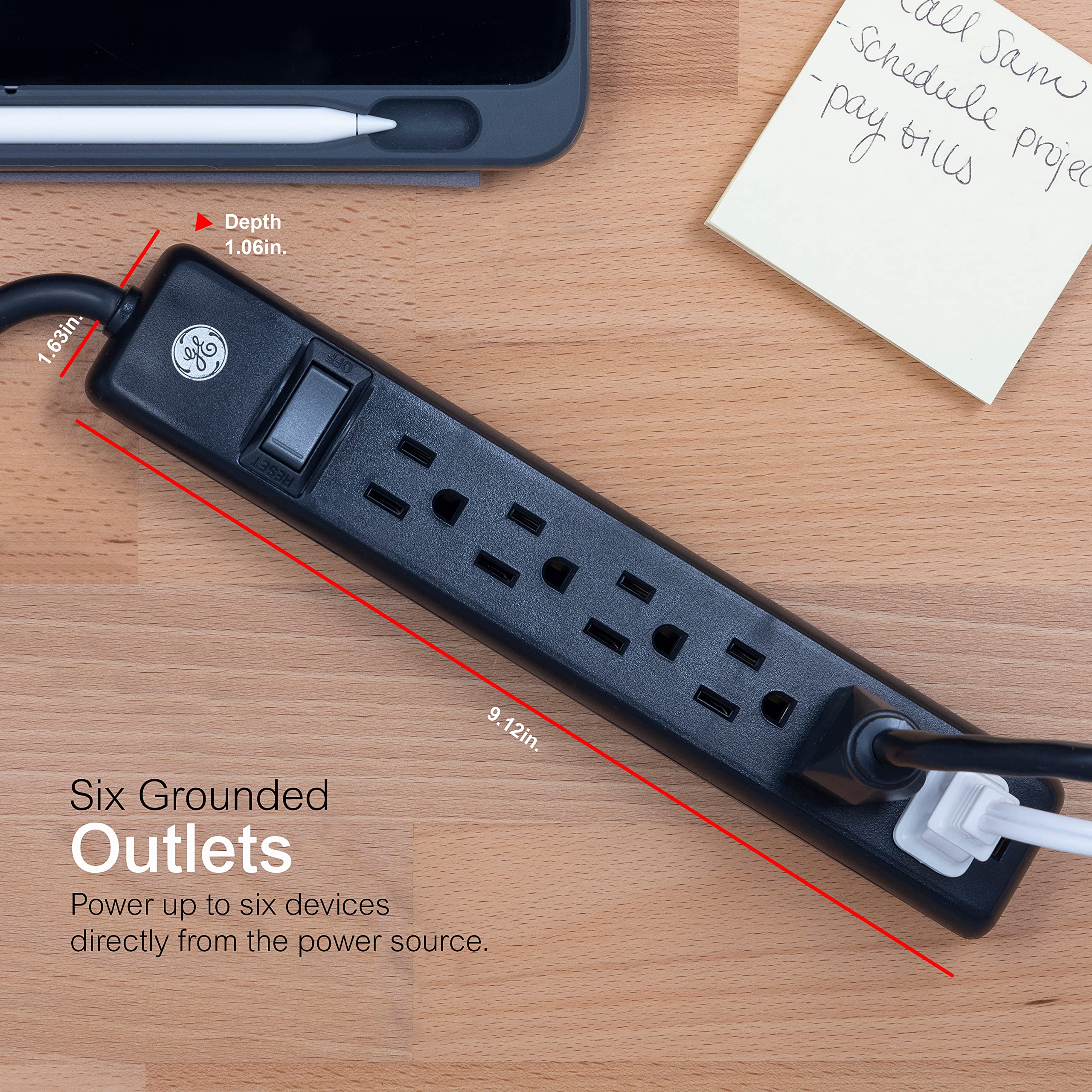 GE 6-Outlet Power Strip, 7 Ft Extension Cord, Flat Plug, Grounded, Integrated Circuit Breaker, 3-Prong, Wall Mount, UL Listed, Black, 37816