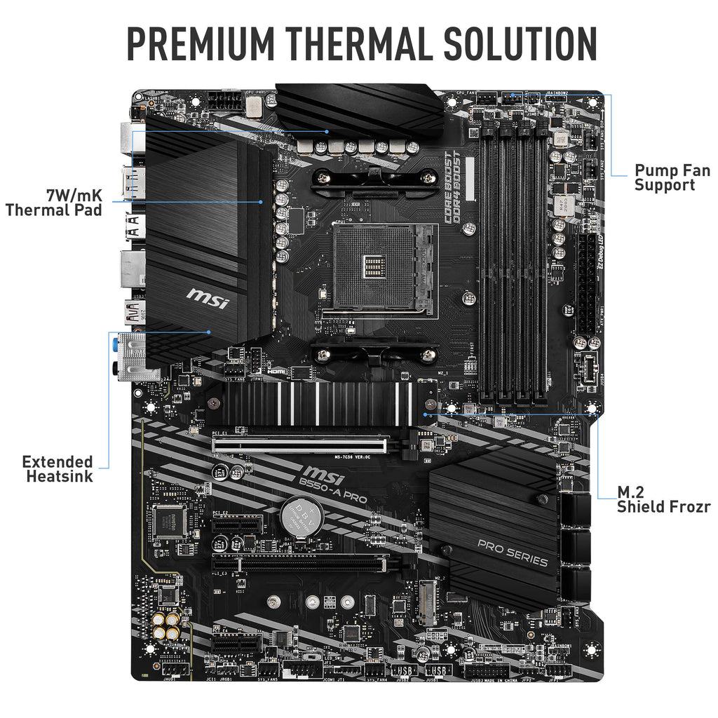 MSI B550-A PRO Motherboard ATX - Supports AMD Ryzen 3rd Gen Processors, AM4, DDR4 Boost (4400MHz/OC), 1 x PCIe 4.0/3.0 x16, 1 x PCIe 3.0/3.0 x16, 1 x M.2 Gen4 x4, 1 x M.2 Gen3 x4, HDMI, Gigabit LAN