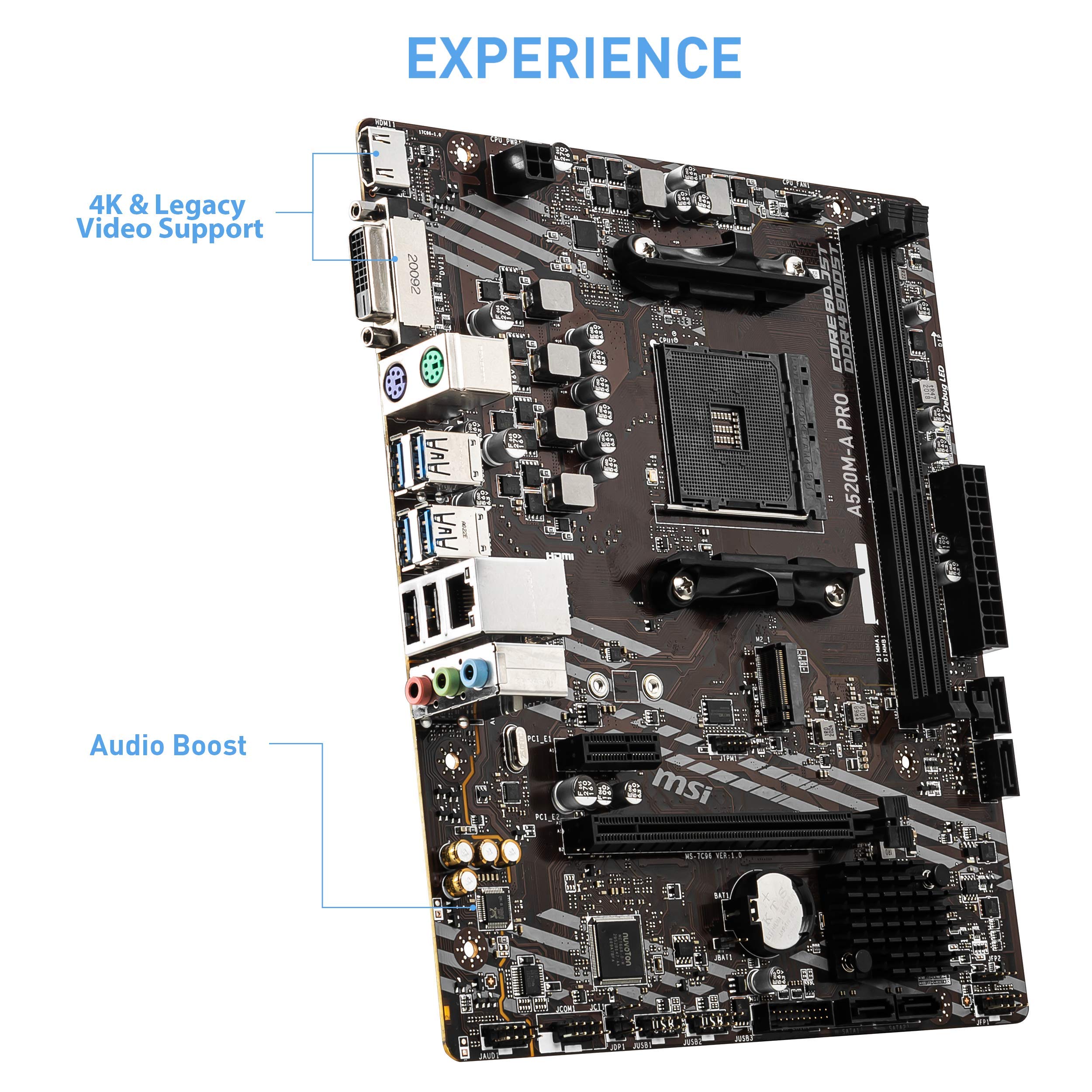 MSI A520M-A PRO V1 Gaming Motherboard (AMD Ryzen 5000, AM4, DDR4, PCIe 3.0, SATA 6Gb/s, M.2, USB 3.2 Gen 1, DVI/HDMI, Micro-ATX)
