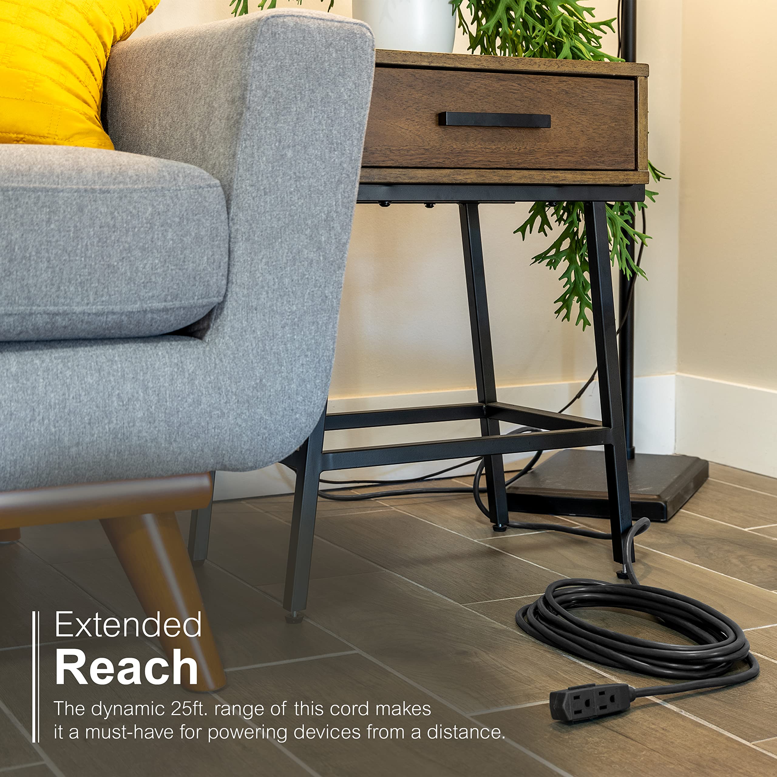 GE Indoor Extension Cord, 25 Ft Power Cable Outlet, 3 Grounded Outlets Power Strip, Right Angle Flat Extension Cord, 16 Gauge, UL Listed, Black, 69921