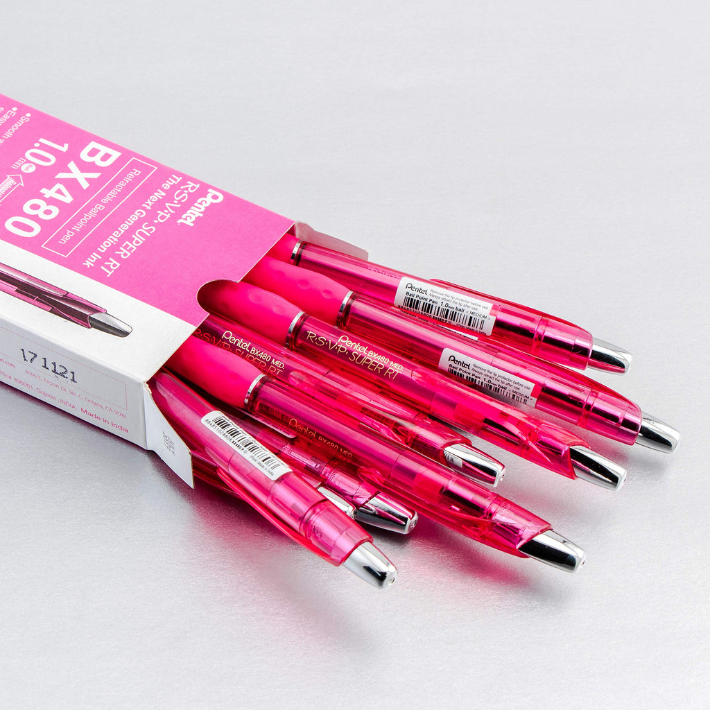 Pentel RSVP Super RT Ballpoint Pen, (1.0mm) Medium Line, Pink Ink, Box of 12 Pens (BX480-P)