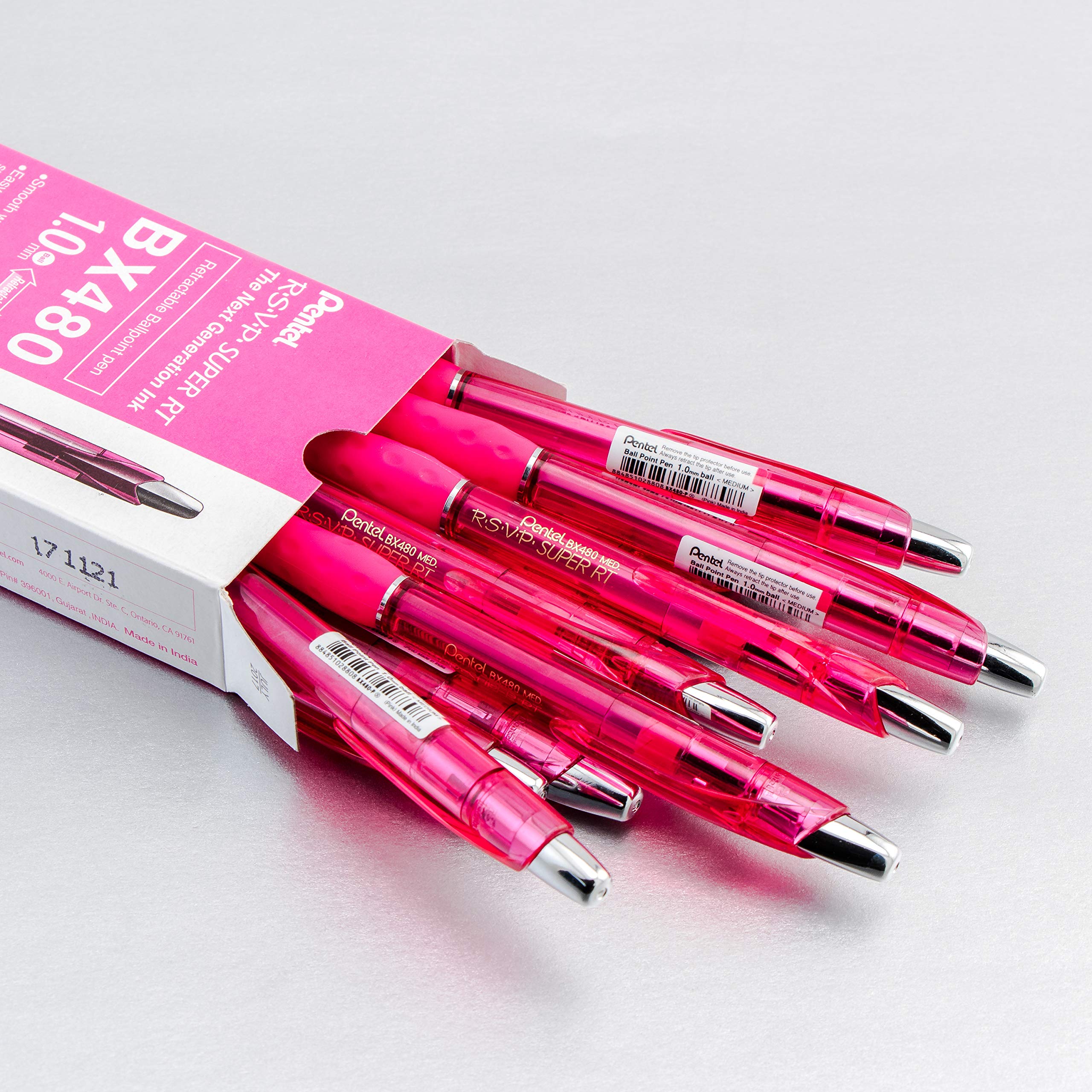 Pentel RSVP Super RT Ballpoint Pen, (1.0mm) Medium Line, Pink Ink, Box of 12 Pens (BX480-P)