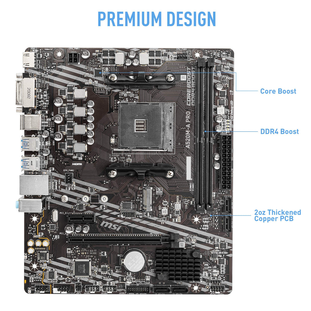 MSI A520M-A PRO V1 Gaming Motherboard (AMD Ryzen 5000, AM4, DDR4, PCIe 3.0, SATA 6Gb/s, M.2, USB 3.2 Gen 1, DVI/HDMI, Micro-ATX)