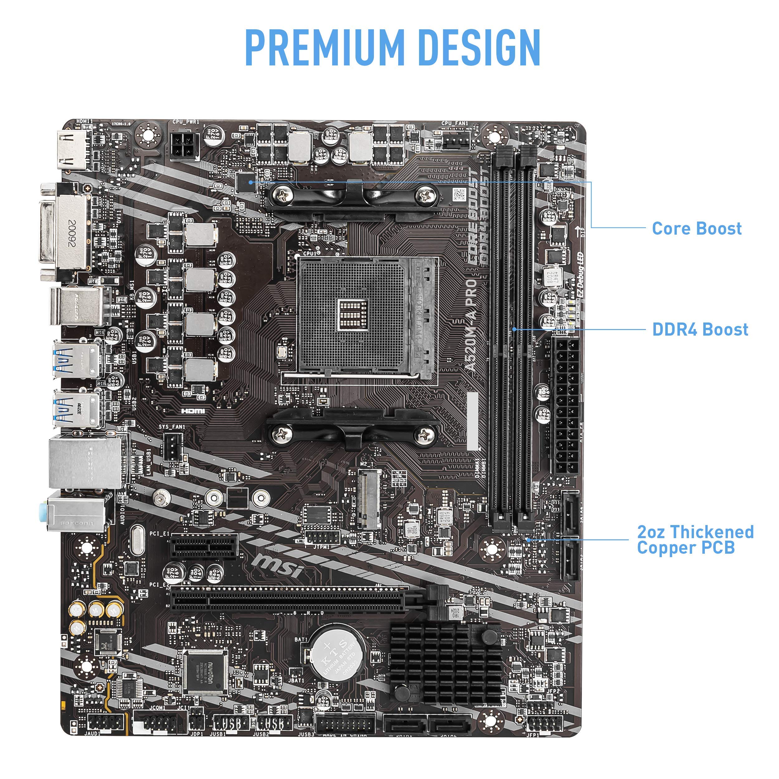 MSI A520M-A PRO V1 Gaming Motherboard (AMD Ryzen 5000, AM4, DDR4, PCIe 3.0, SATA 6Gb/s, M.2, USB 3.2 Gen 1, DVI/HDMI, Micro-ATX)