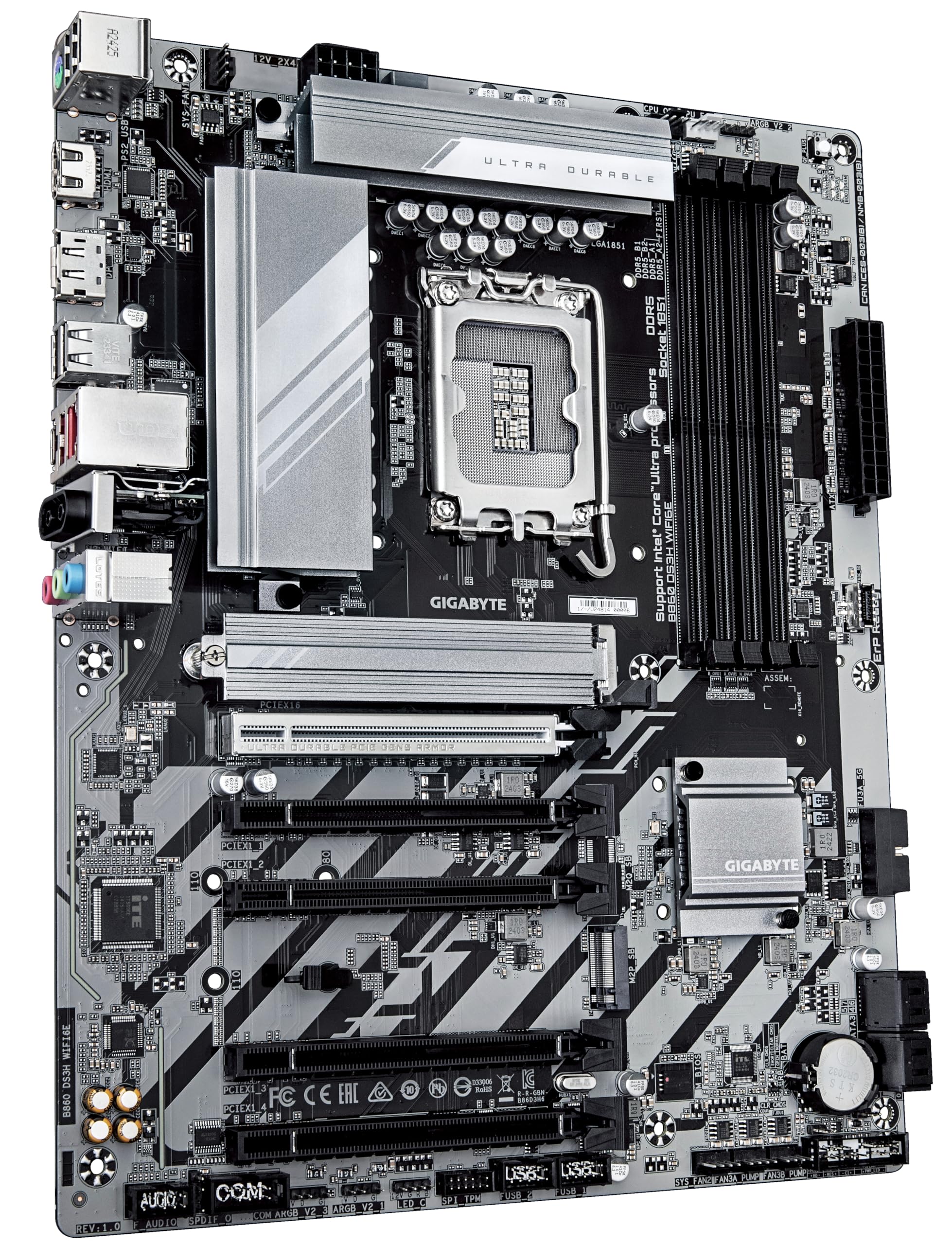 GIGABYTE B860 DS3H WIFI6E Motherboard - Intel Core Ultra Series CPUs, 8+1+2+2 Phases VRM, up to 9066MHz DDR5, 1xPCIe 5.0 + 1xPCIe 4.0 M.2, 2.5GbE LAN, WiFi 6E, USB 3.2 Gen 2x2