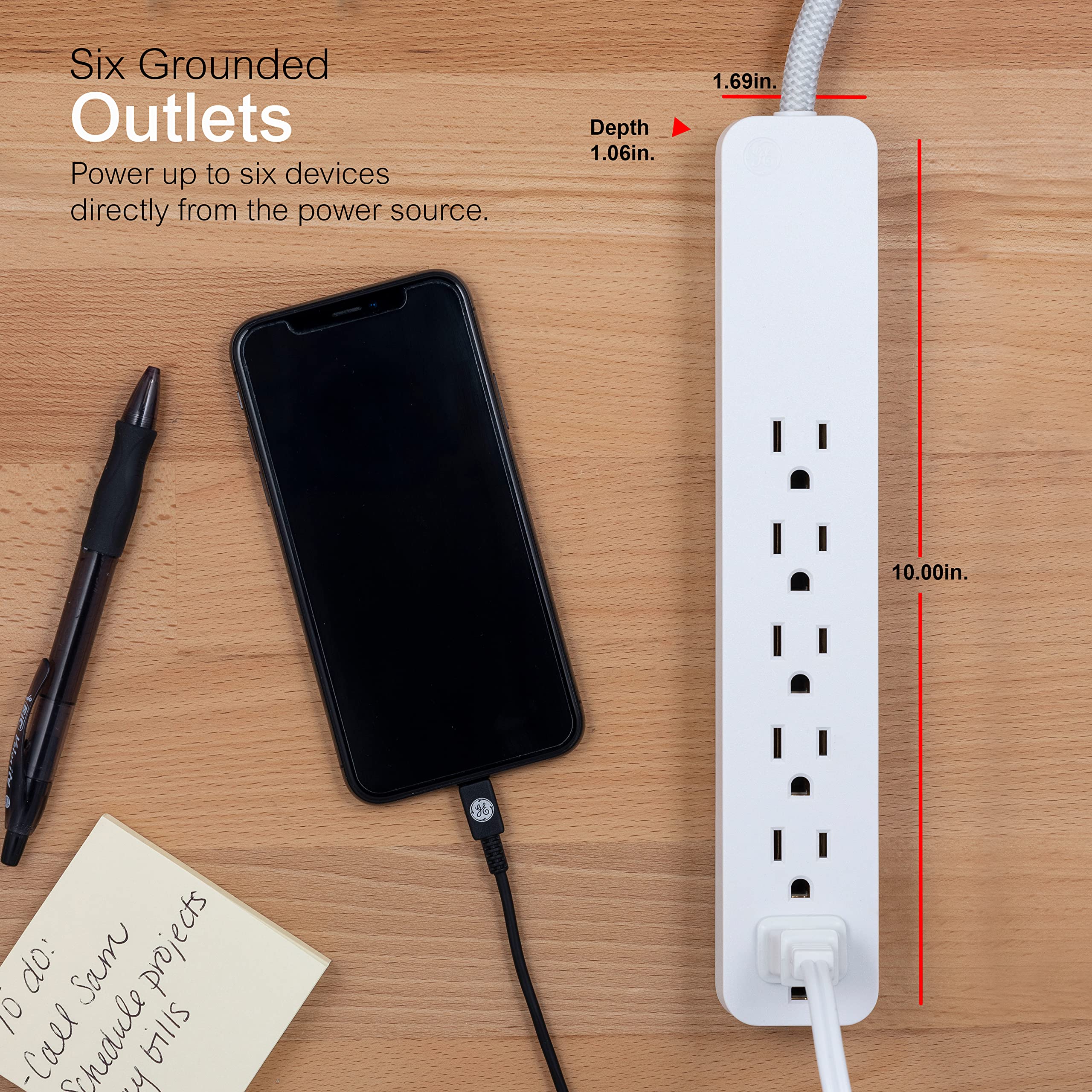 GE UltraPro 6-Outlet Power Bar Surge Protector, 2 Ft Designer Braided Extension Cord, 560 Joules, Flat Plug, Wall Mount, UL Listed, White, 45264