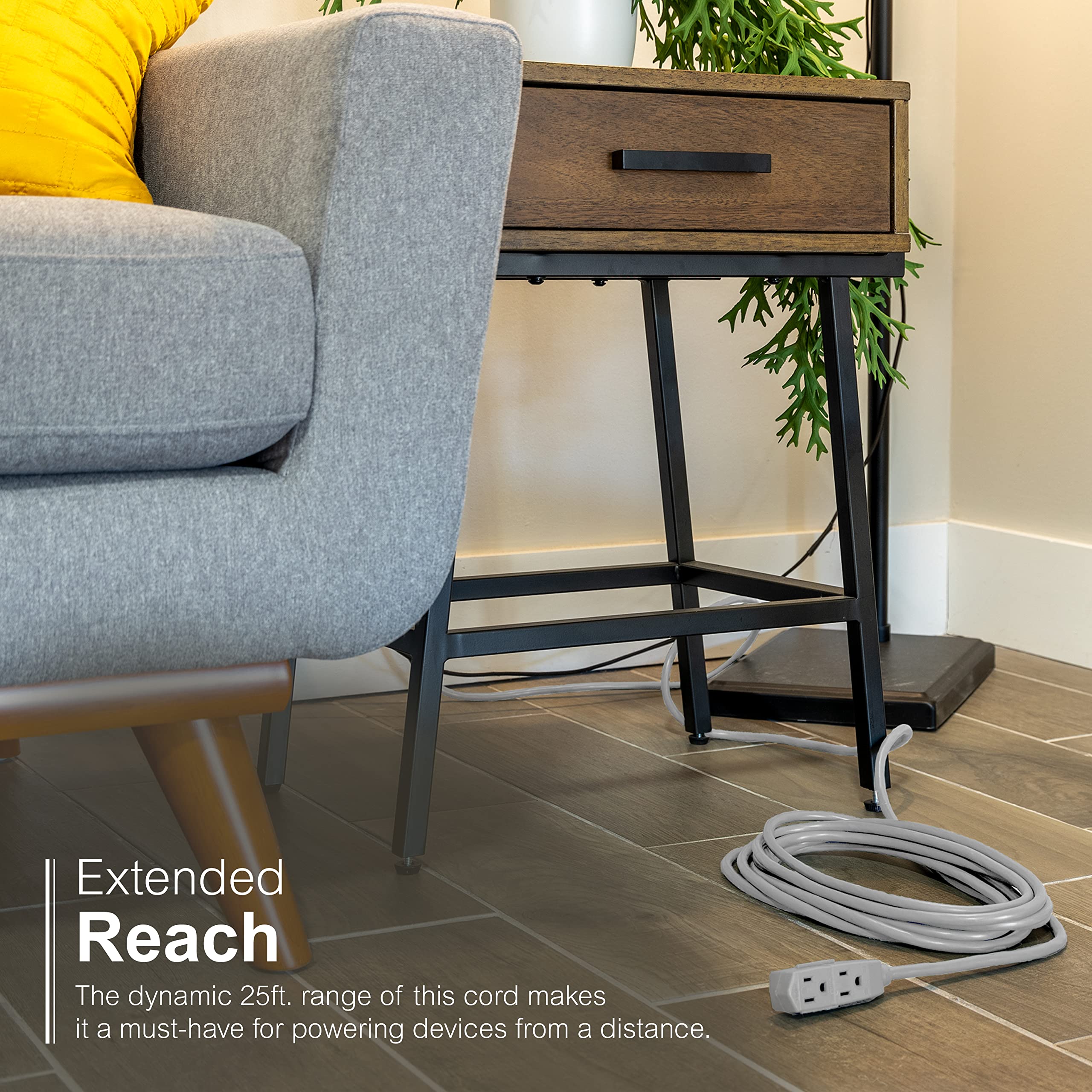 GE Indoor Extension Cord, 25 Ft Power Cable, 3 Grounded Outlets, 3-Prong, Low-Profile Flat Plug, 16 Gauge, UL Listed, Gray, 43025,1 Pack