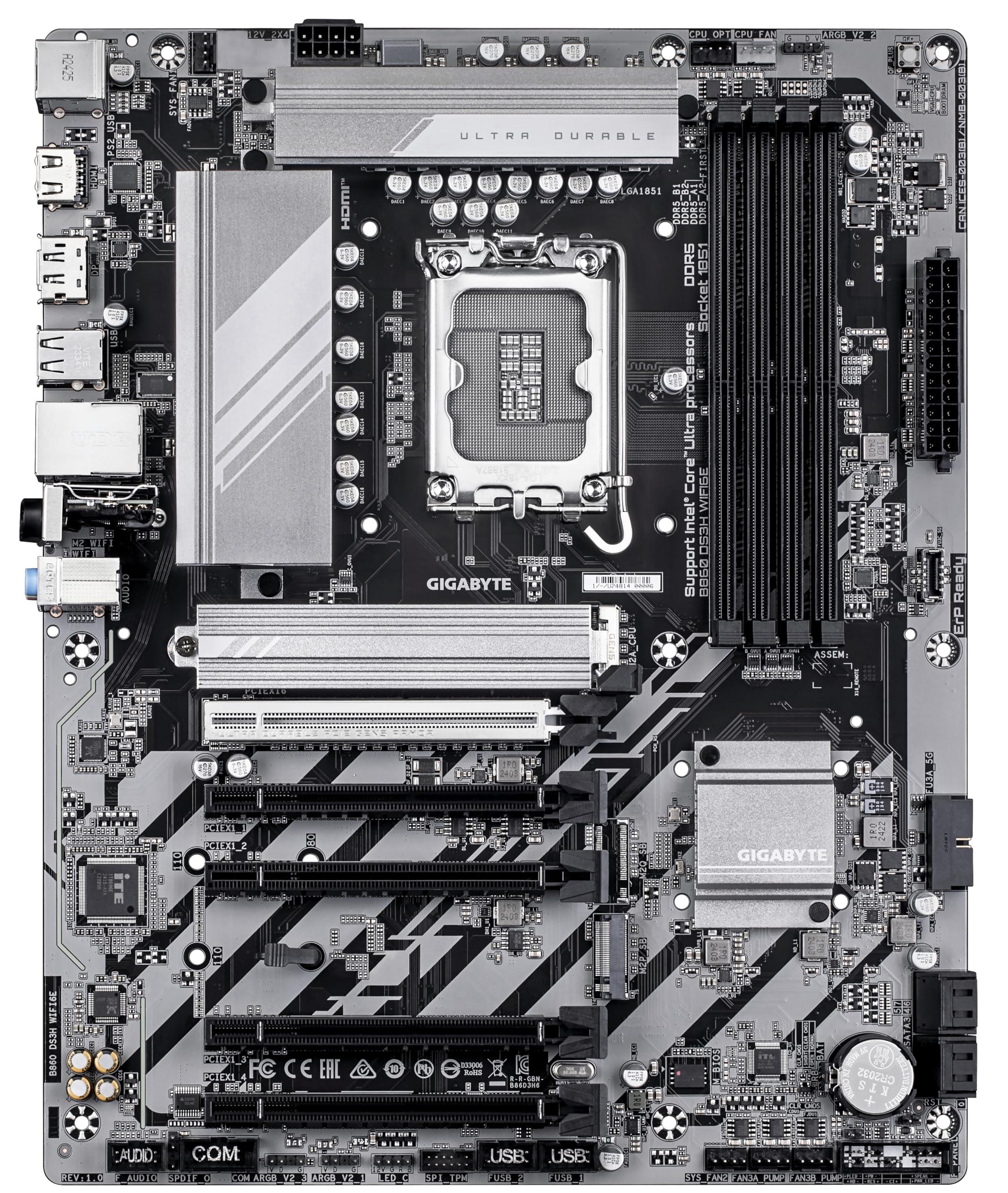 GIGABYTE B860 DS3H WIFI6E Motherboard - Intel Core Ultra Series CPUs, 8+1+2+2 Phases VRM, up to 9066MHz DDR5, 1xPCIe 5.0 + 1xPCIe 4.0 M.2, 2.5GbE LAN, WiFi 6E, USB 3.2 Gen 2x2