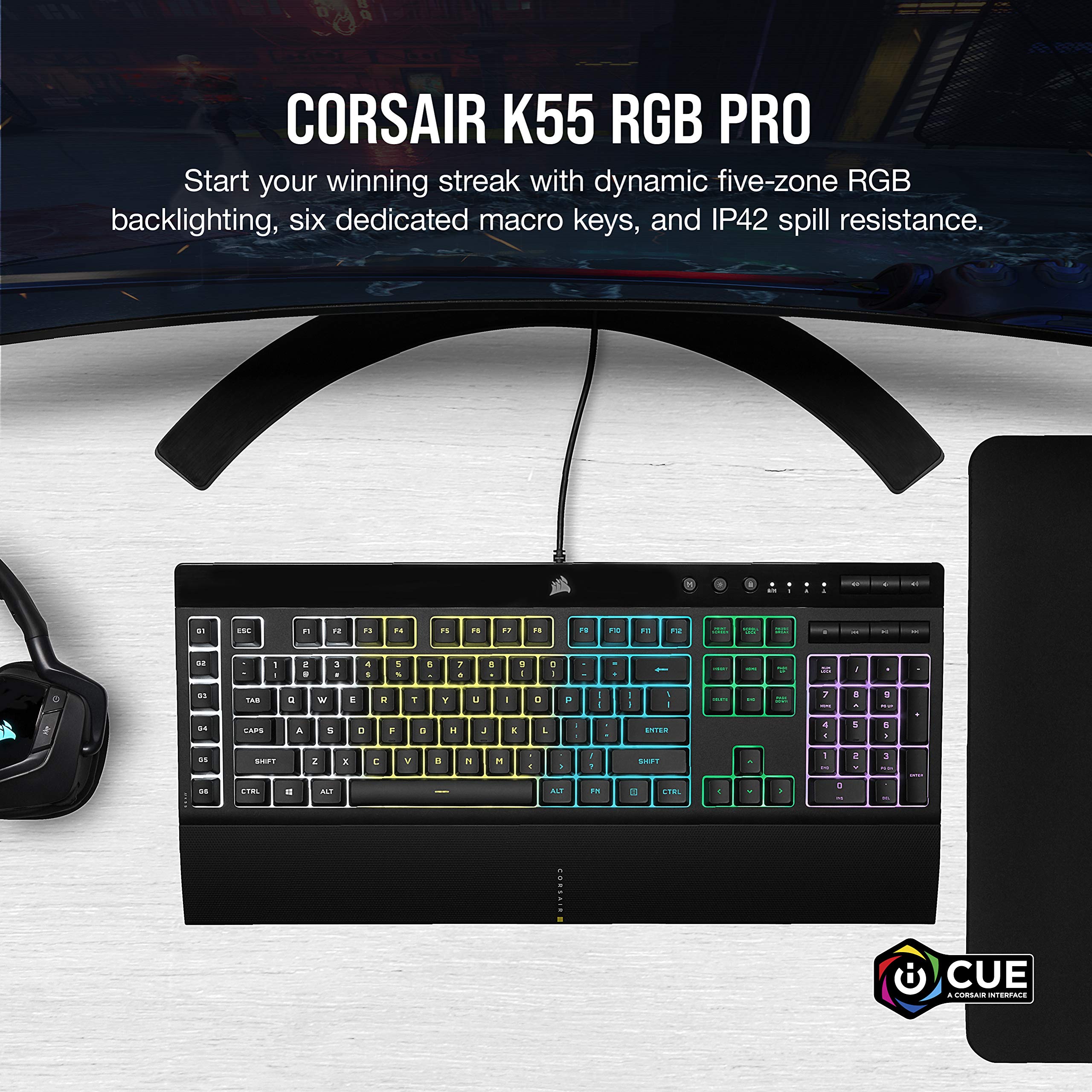 Corsair K55 RGB PRO Wired Gaming Keyboard Membrane � IP42 Anti-Dust and Overflow � 6 Macro Keys with Elgato Integration � Compatible with iCUE � QWERTY NA � PC, Mac, Xbox � Black