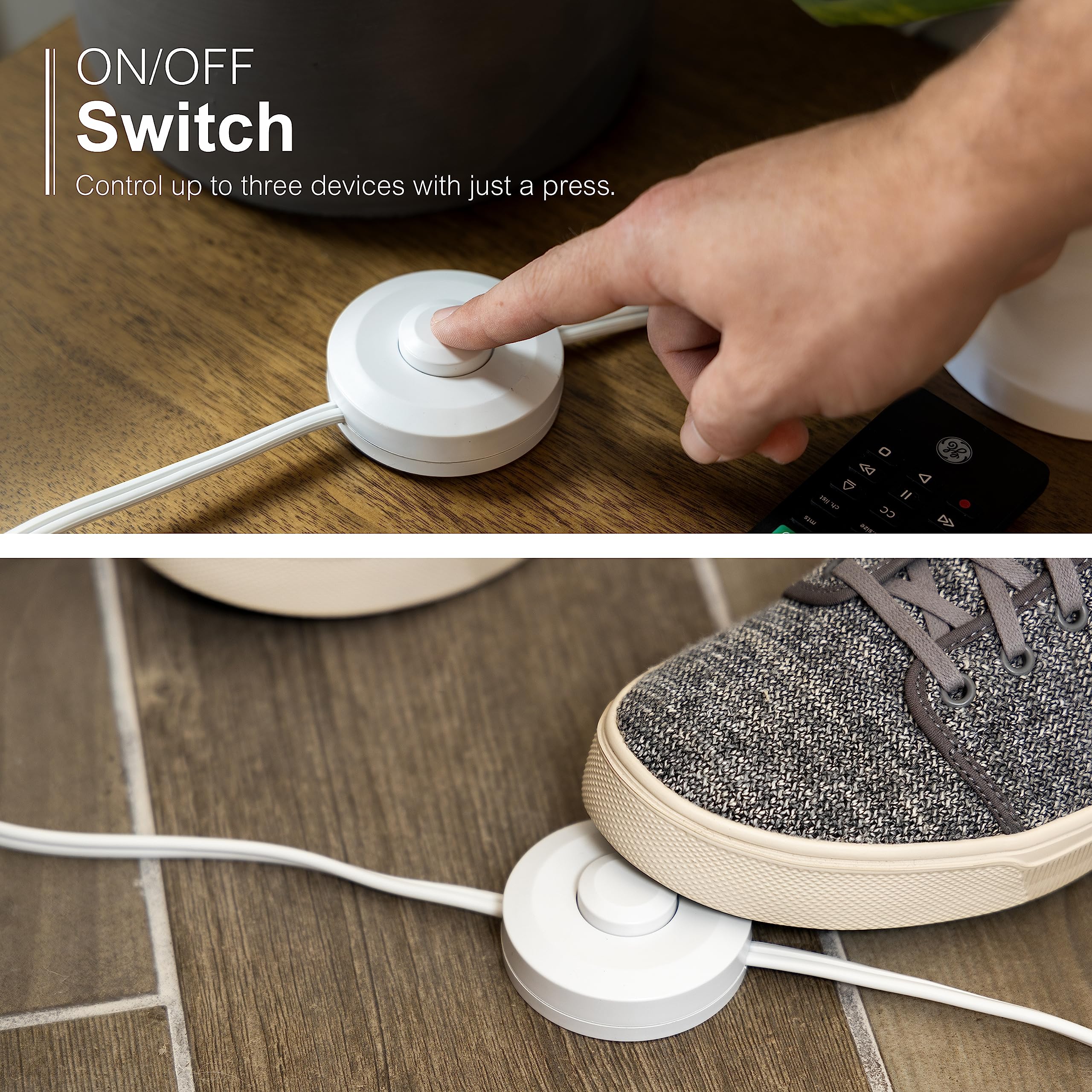 GE Extension Cord with Footswitch 3 Outlet Extension Cord with Multiple Outlets with On Off Switch Perfect for Work from Home Essentials 9ft Power Cord 16 Gauge UL Listed White 42803