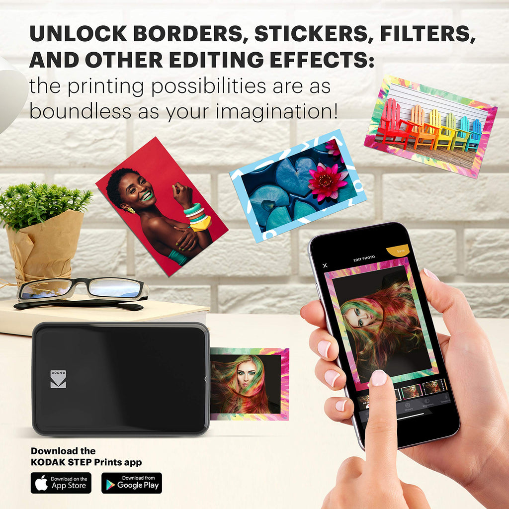 KODAK Step Instant Printer | Wireless Mobile Photo Printer with ZINK Zero Ink Technology & KODAK App for iOS & Android (Black) Gift Bundle AMZRODMP20K1B