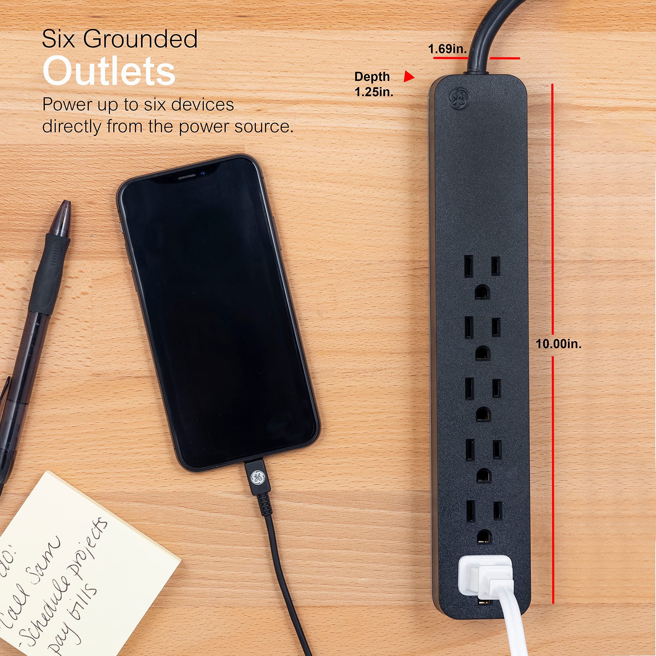 GE Pro 6-Outlet Surge Protector, 8 Ft Extension Cord, 1560 Joules, Power Strip, Flat Plug, Integrated Circuit Breaker, Wall Mount, UL Listed, Black, 37052