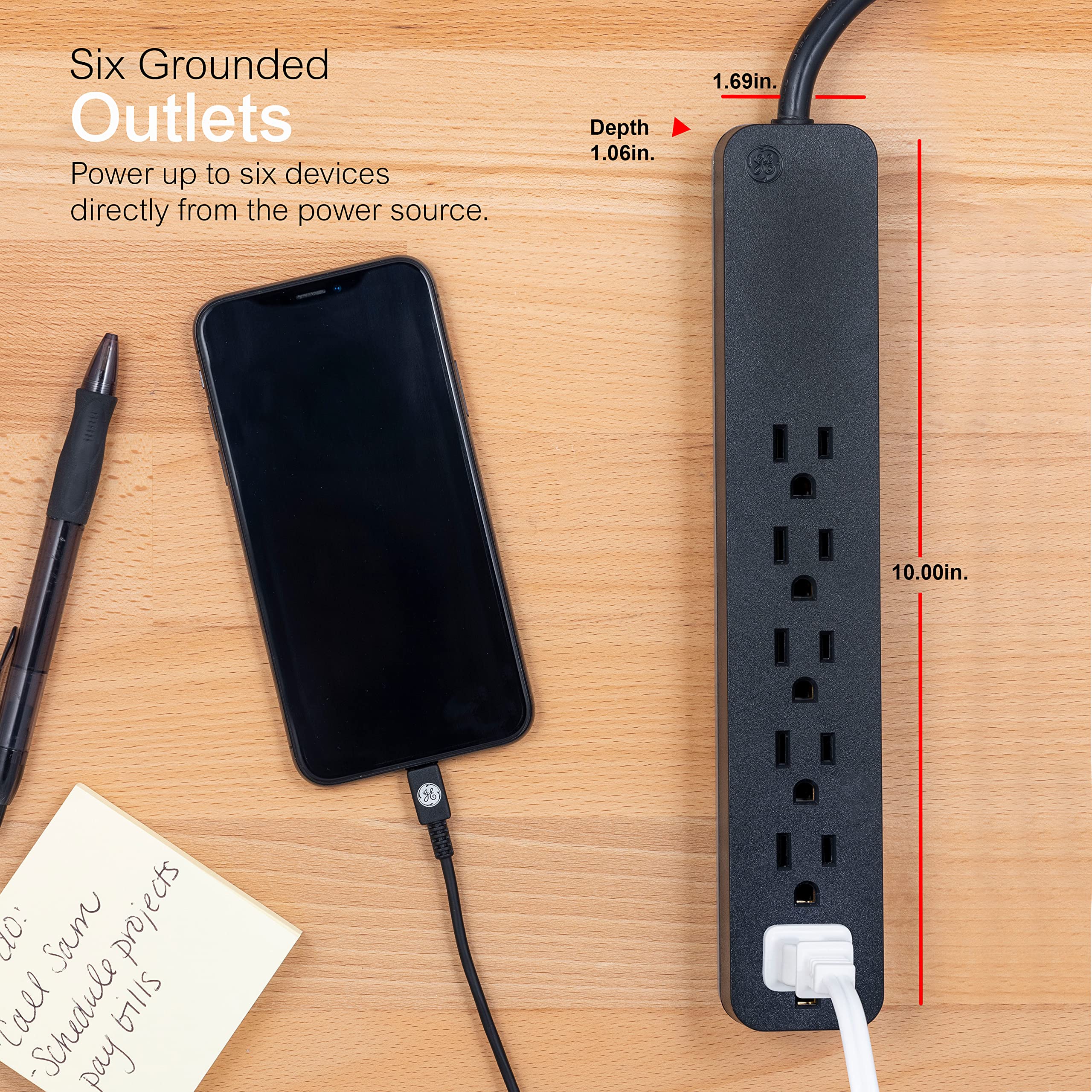 GE Pro 6-Outlet Surge Protector, 2 Ft Extension Cord, 620 Joules, Power Strip, Flat Plug, Integrated Circuit Breaker, Wall Mount, UL Listed, Black, 45170